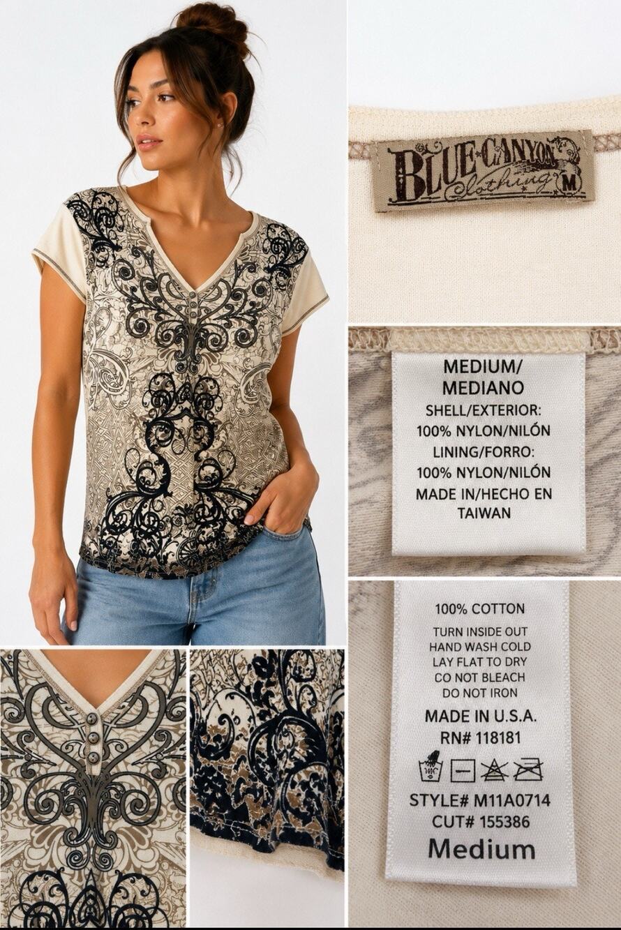 Blue Canyon Women’s Medium Y2K Boho Rhinestone Graphic V Neck Top USA Western